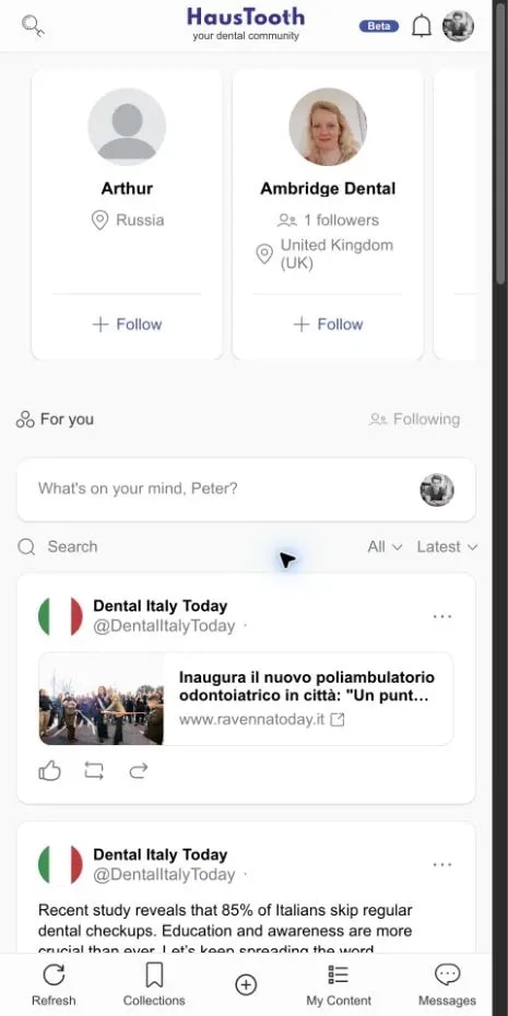 Το community timeline του HausTooth σε mobile προβολή