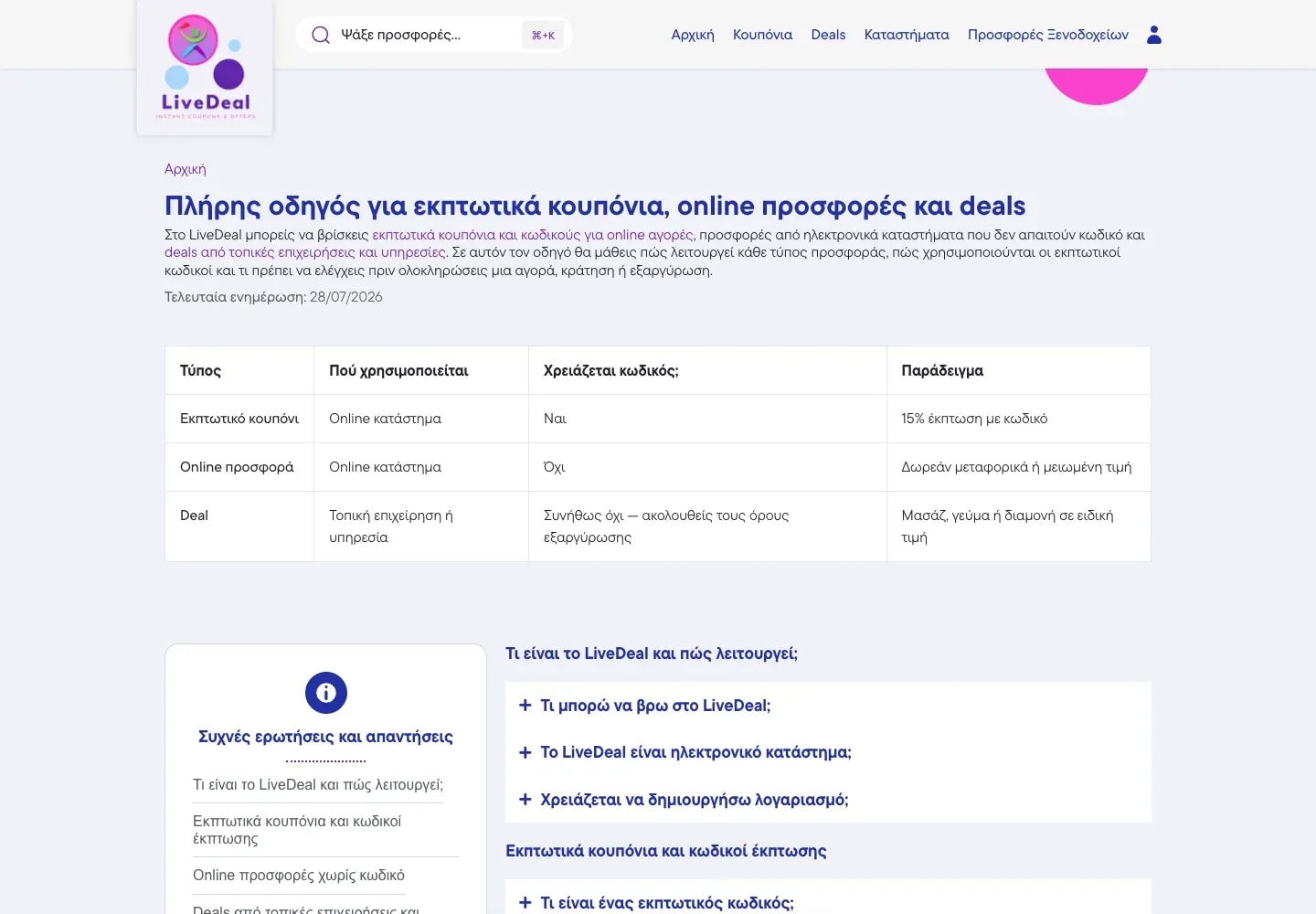 Οδηγός κουπονιών και προσφορών του LiveDeal με οργανωμένες συχνές ερωτήσεις
