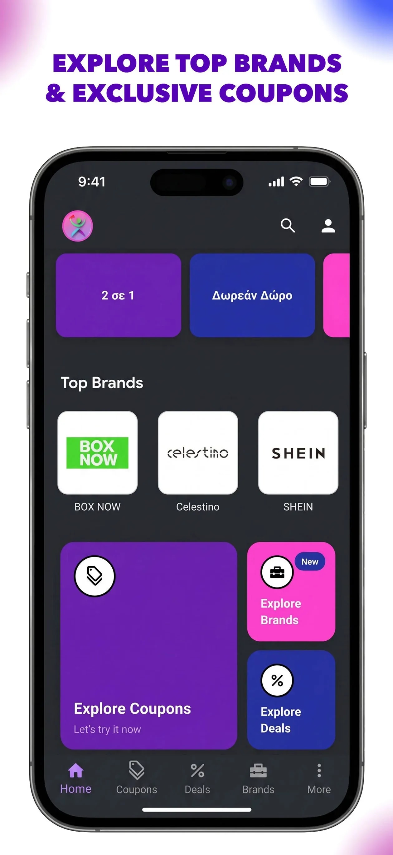 Αρχική οθόνη της εφαρμογής LiveDeal σε iPhone με προτεινόμενες προσφορές