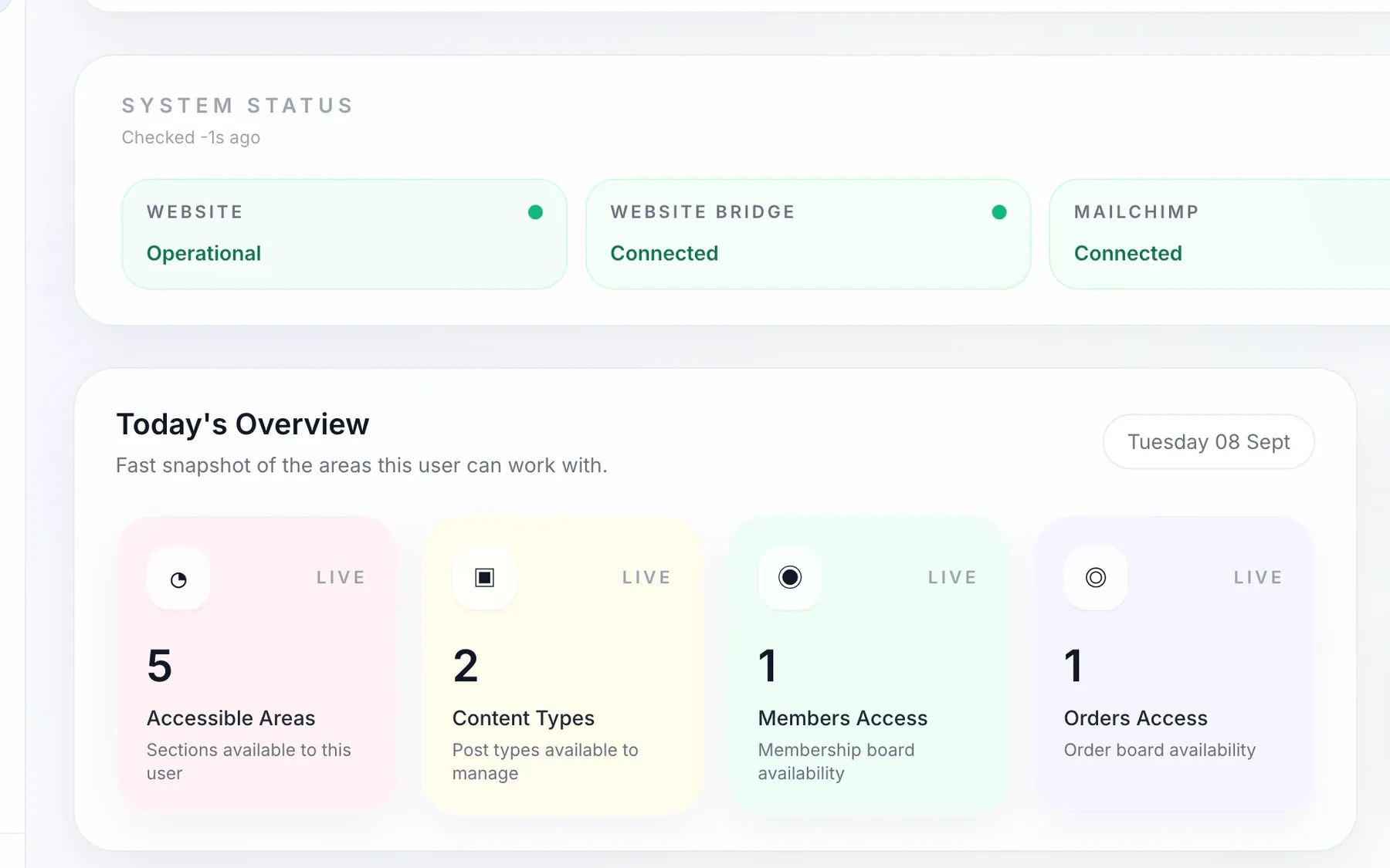 Light mode επισκόπηση του operations dashboard με κατάσταση συνδεδεμένων συστημάτων και διαθέσιμες περιοχές εργασίας